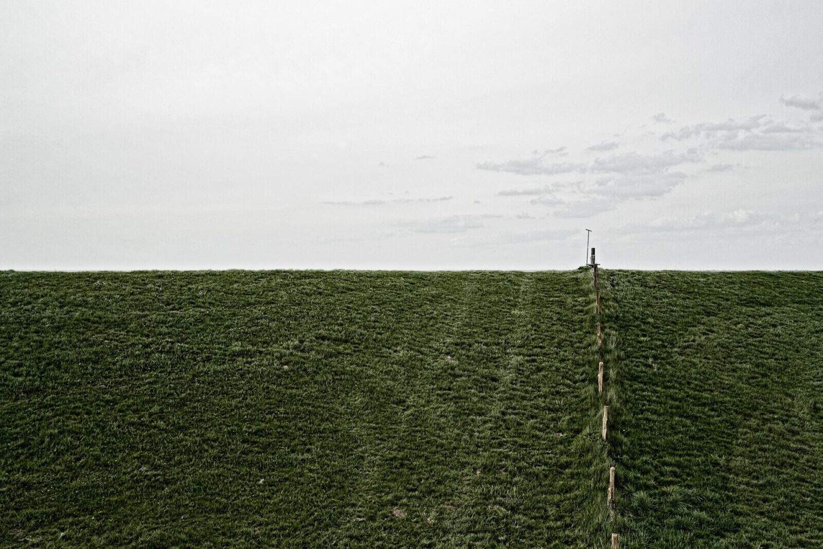 Fahrspur und Zaun auf dem Deich der Elbe auf höhe der Deichkrone