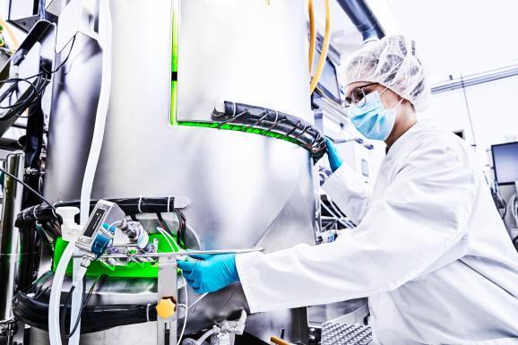 Produktion im Labor, kontrolle eines Sensors am Reaktor